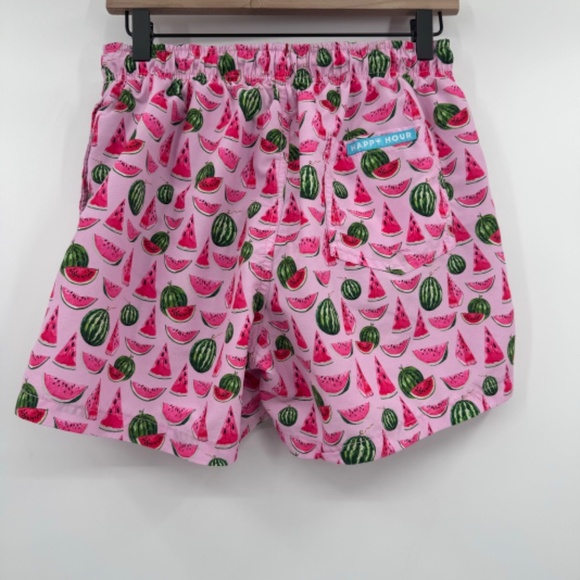 Happy Hour Swim Trunks Men Small Pink Watermelon Mesh Lined Shorts Elastic Waist - Picture 3 of 10